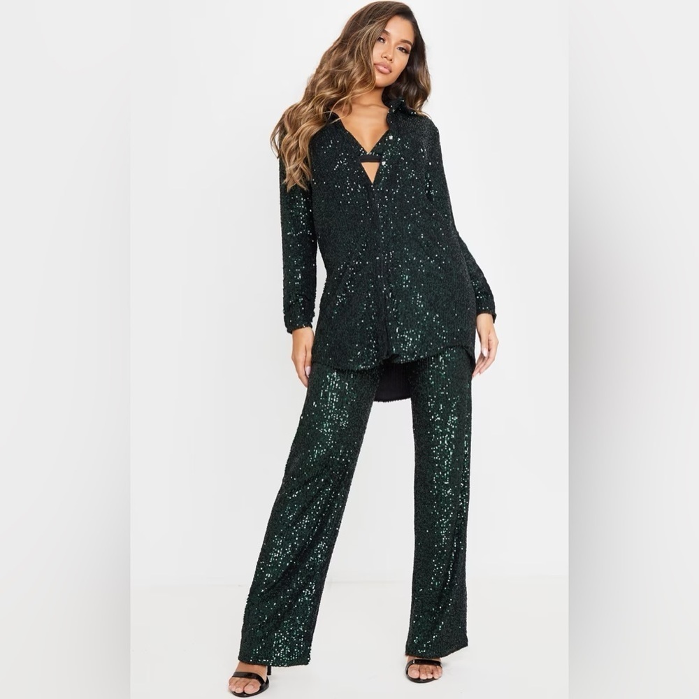 Pretty Little Thing Green Sequin Oversized Shirt Bra Pants 3 Piece Suit Set Sz 2